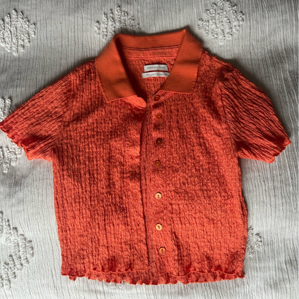 Red-orange textured button down